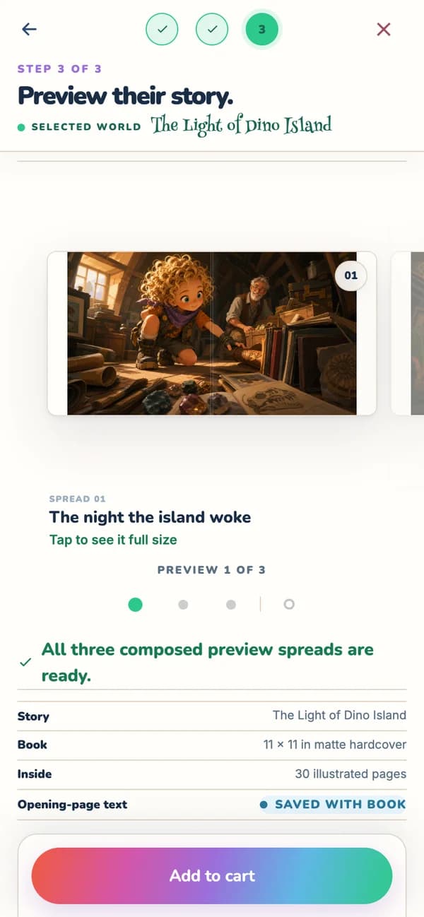 The Lumi app showing finished preview pages before checkout