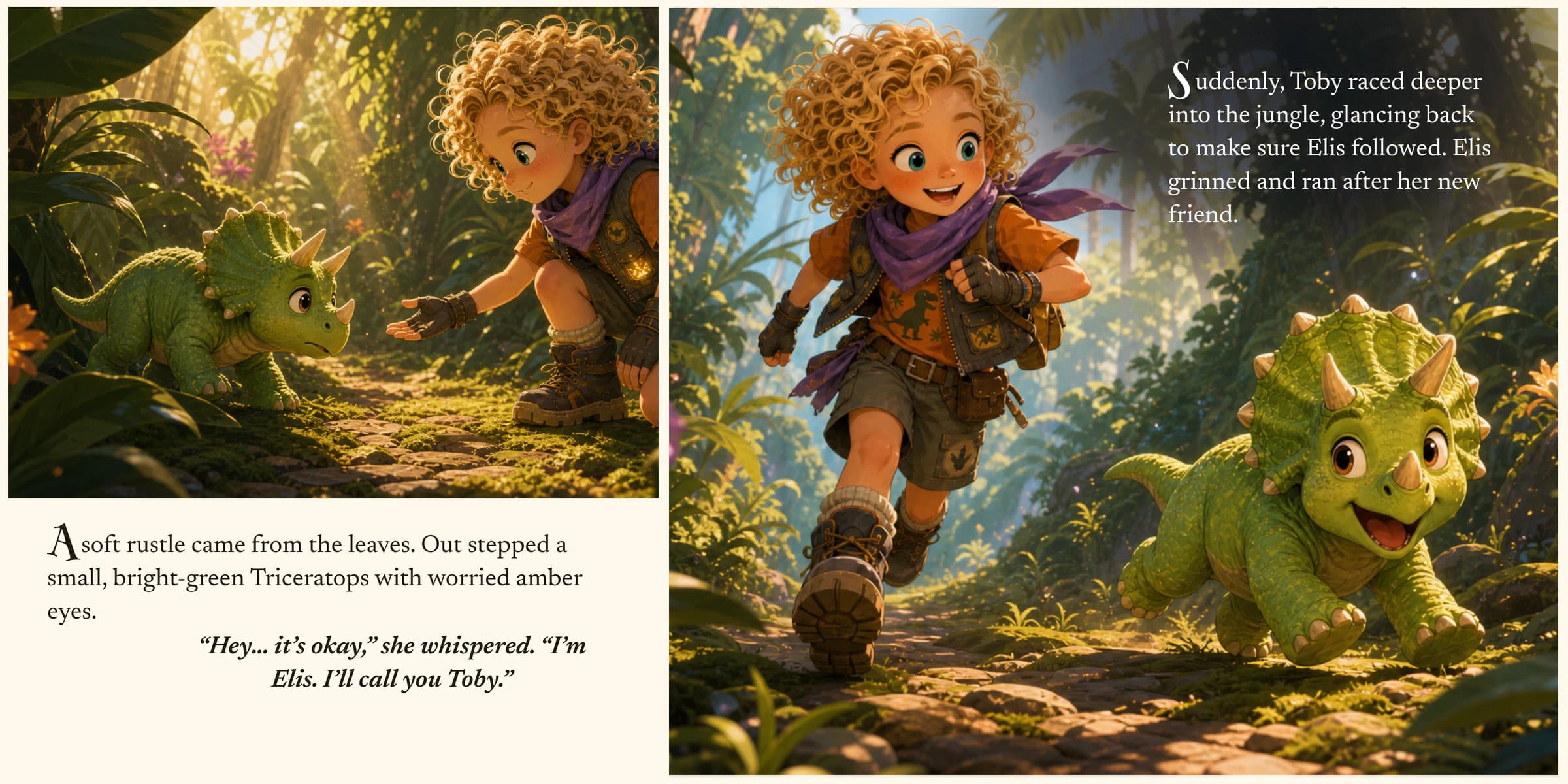 A real spread: Elis meets Toby the triceratops and runs after him into the jungle