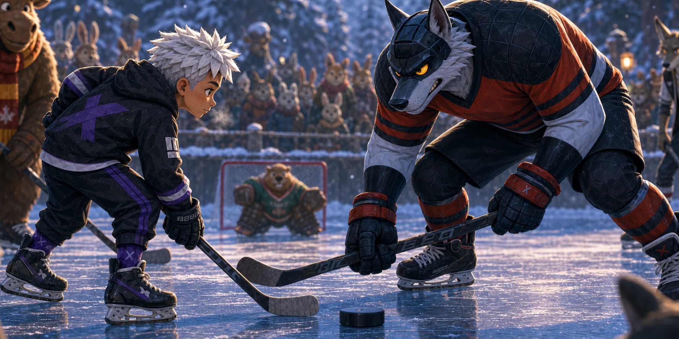 An illustrated spread: the faceoff on frozen ice under the northern lights