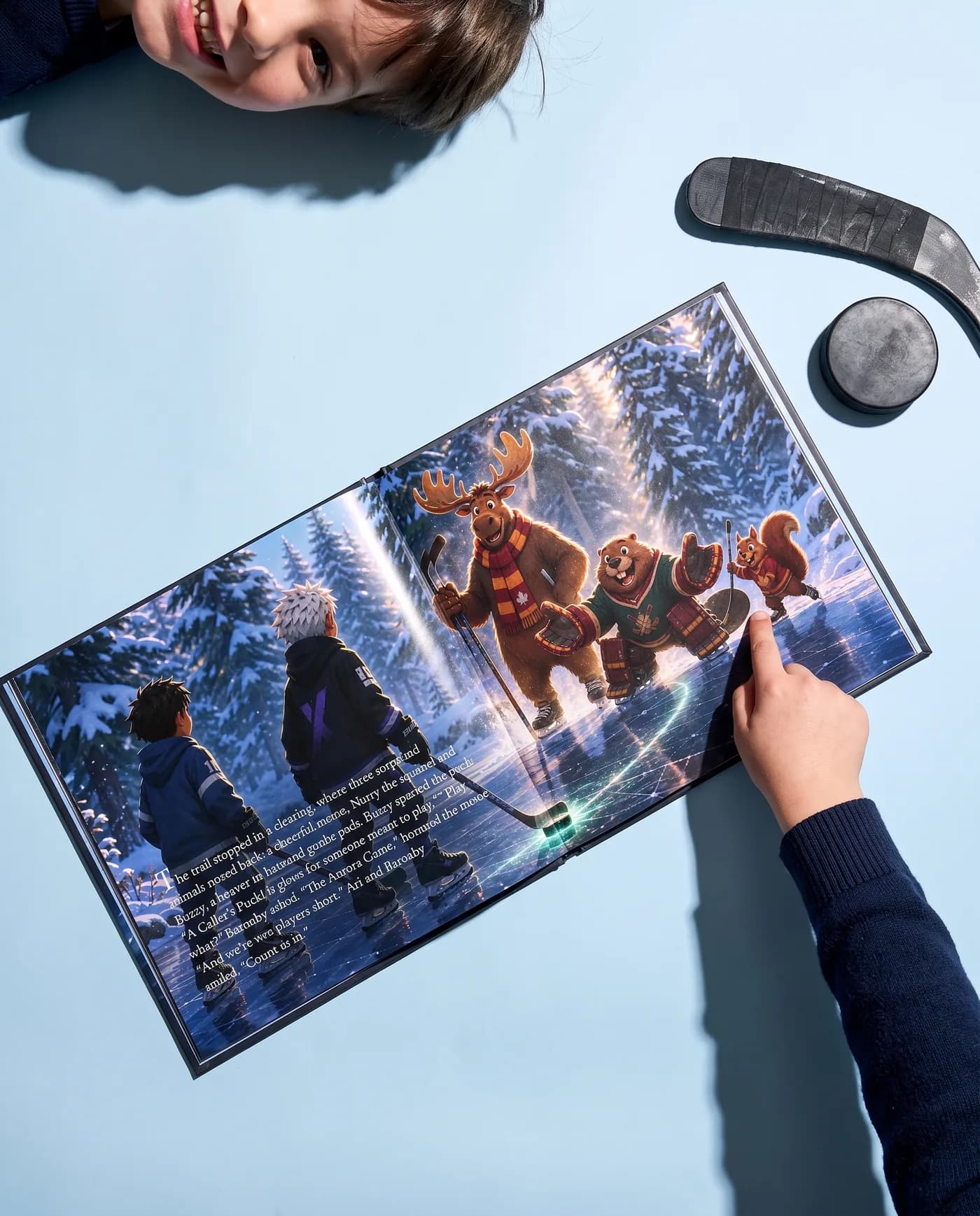 A child points at a real Lumi spread lying open on a sky-blue backdrop