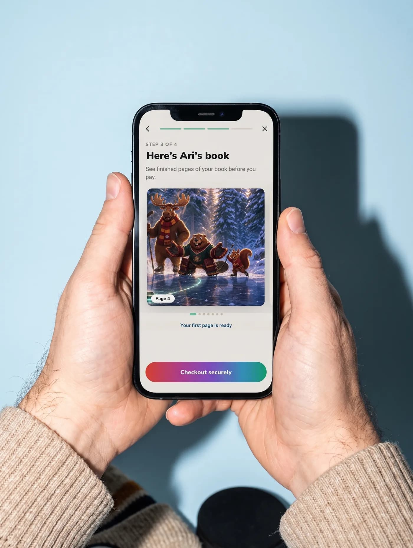 An adult’s hands hold a phone showing the real Lumi preview screen