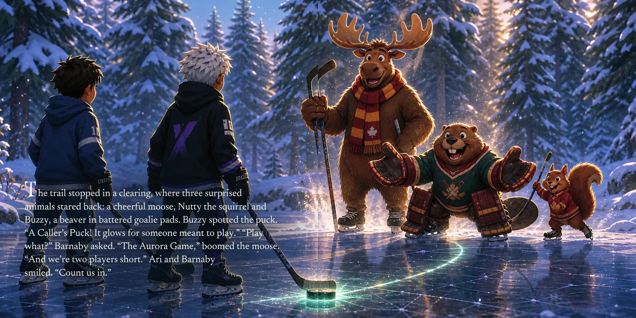 A real spread: Ari and Barnaby meet the moose, Buzzy the beaver and Nutty the squirrel on the forest ice