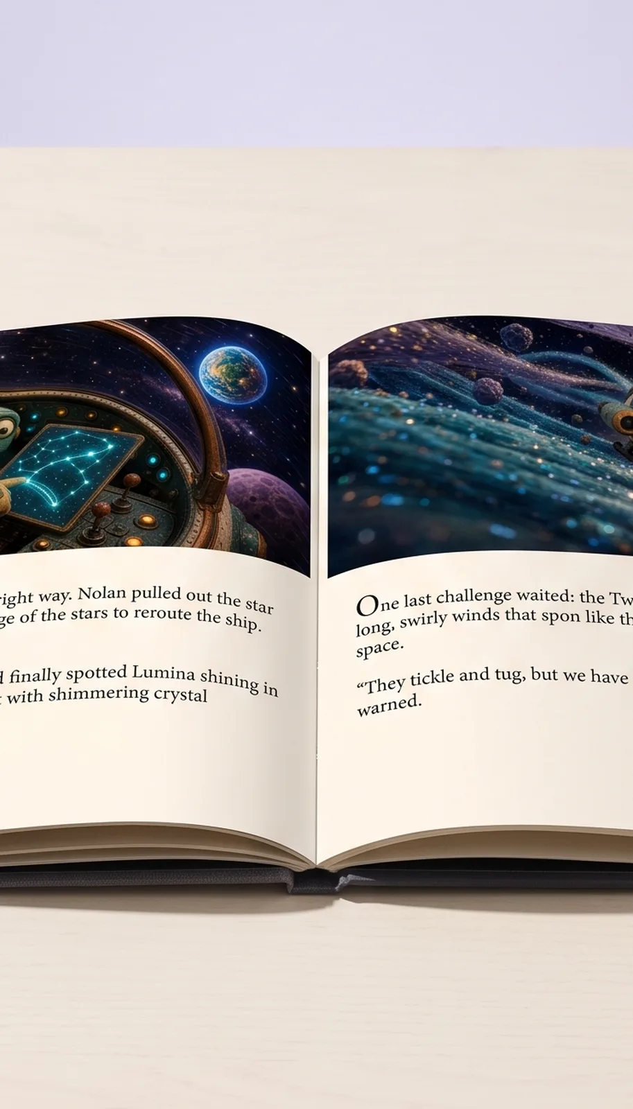 The book open flat on a table: thin page edges, the gutter and the board edges