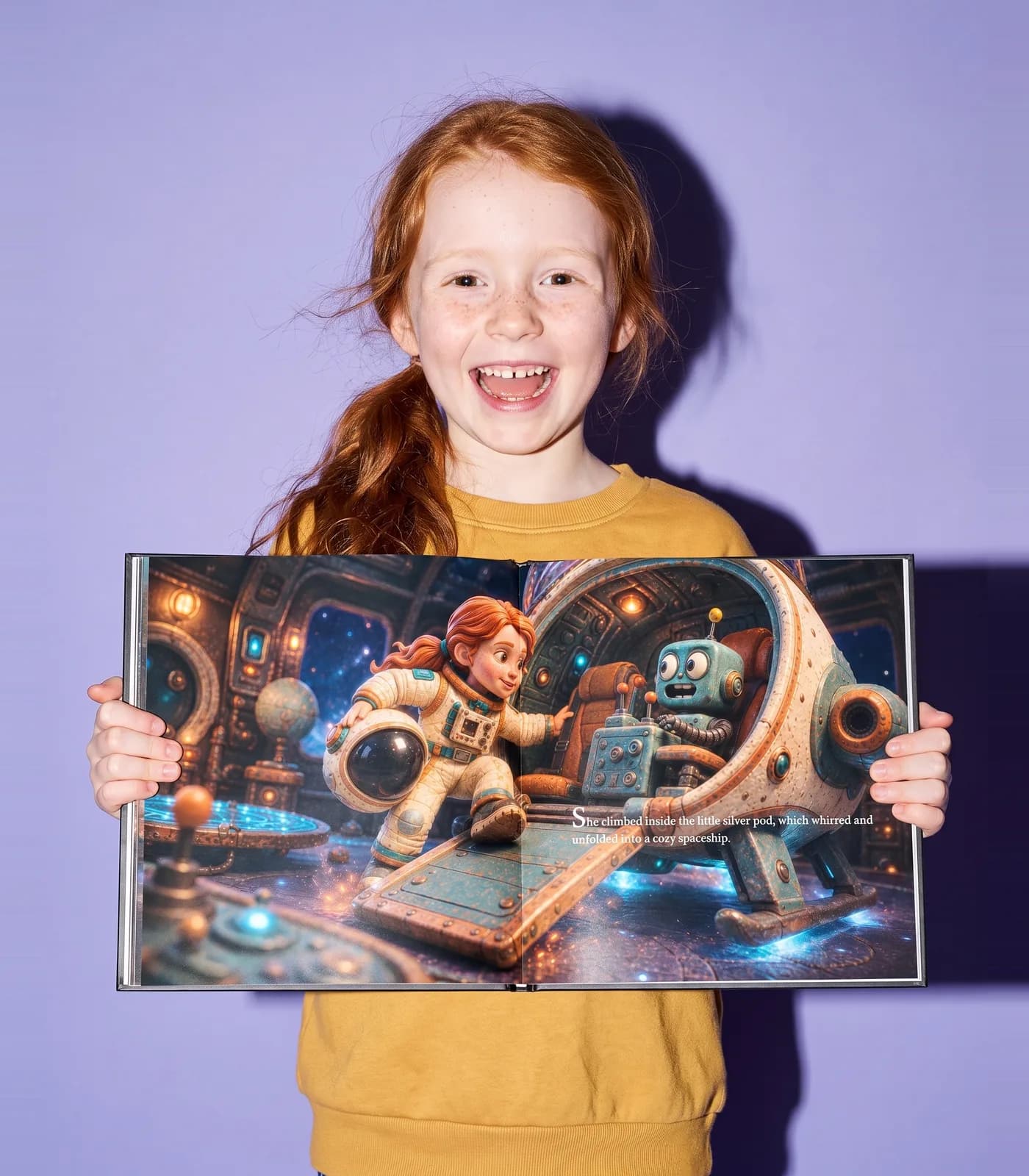Isla holds her book open wide