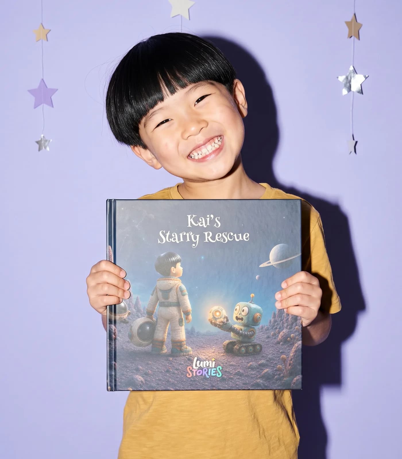 A boy on a studio backdrop holds up his own copy, Kai’s Starry Rescue, with his illustrated hero on the cover