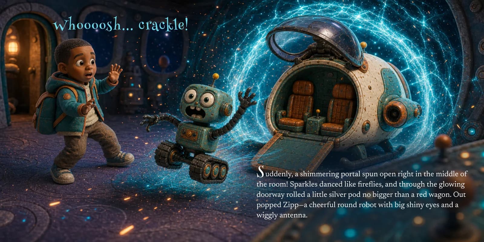 A real spread: the hero meets Zipp, the lost little robot, beside the flickering navigation console