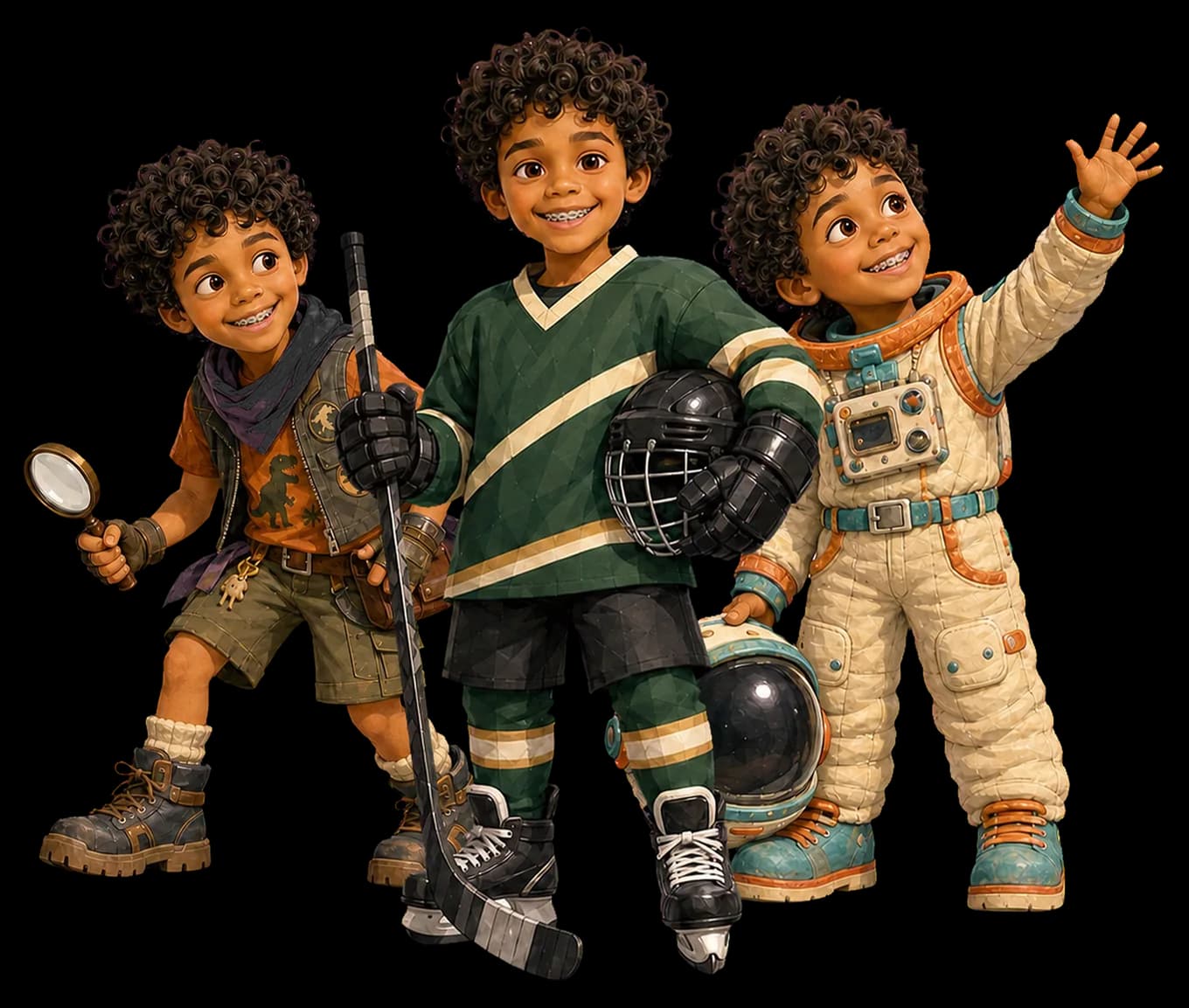 The same child as a dinosaur explorer, a hockey hero and an astronaut